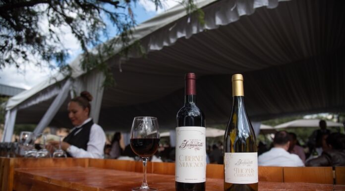 Wine bottles and a fresh pour of red wine sitting on a bar