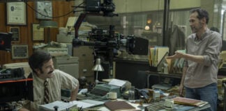 Diego Luna at desk, Gabriel Ripstein standing