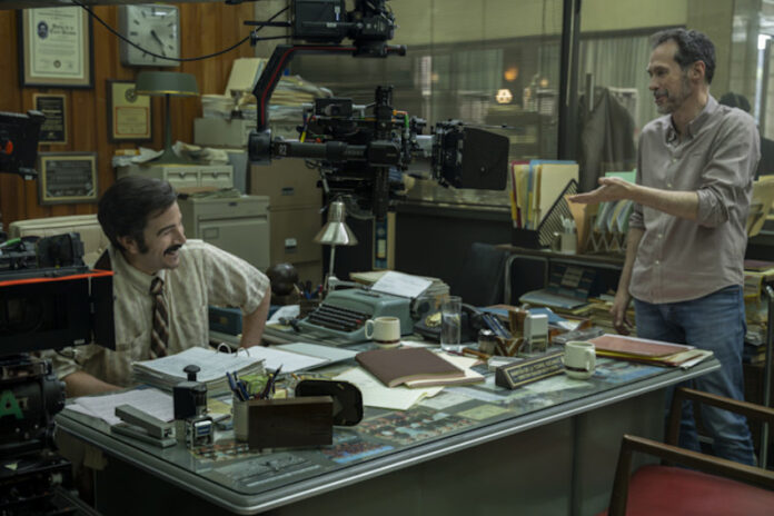Diego Luna at desk, Gabriel Ripstein standing