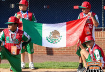 kids in baseball uniform holding flag