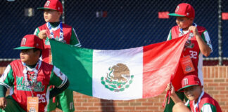 kids in baseball uniform holding flag