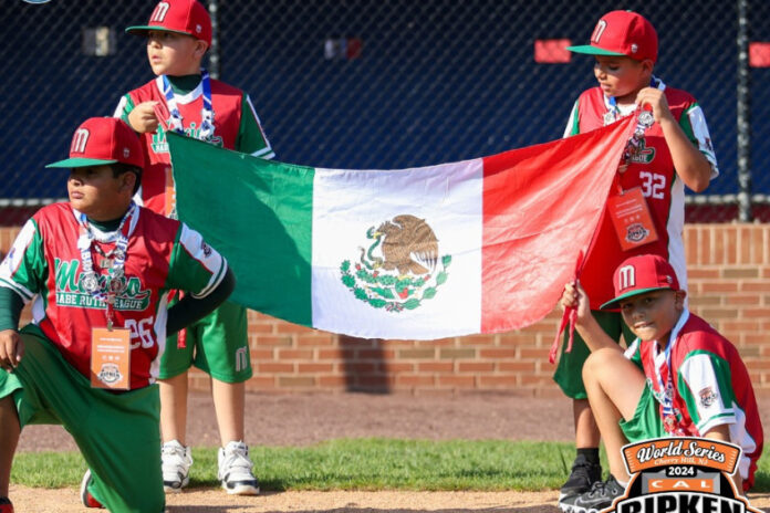 kids in baseball uniform holding flag