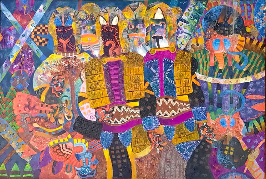 A vibrant, colorful painting depicting a group of figures in elaborate costumes and animal-like masks.