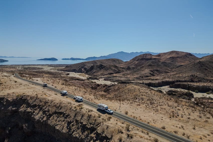 Recreational vehicles driving through Baja