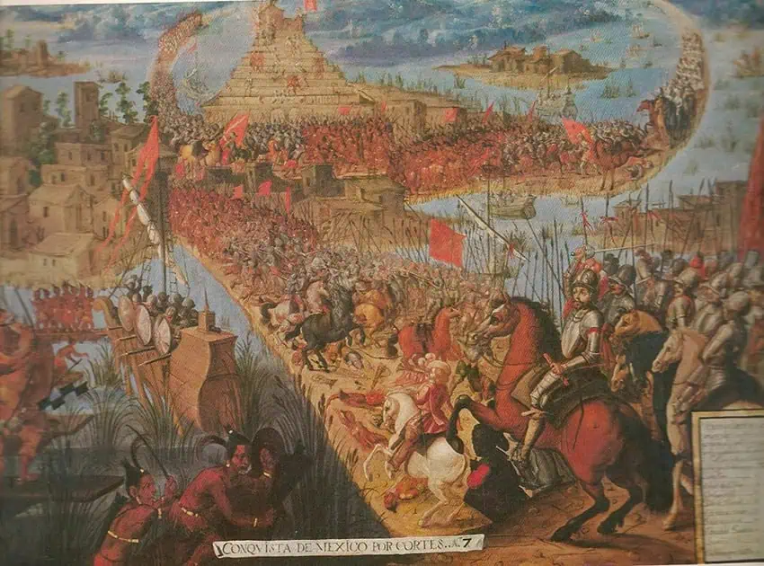 A painting depicts the fall of Tenochtitlan with war horses and pyramids