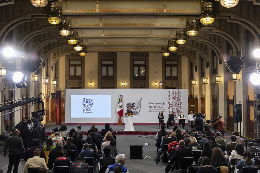 President Sheinbaum speaks to a room full of reporters in the national palace of mexico