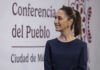 Sheinbaum in front of a banner reading "conferencia del pueblo"