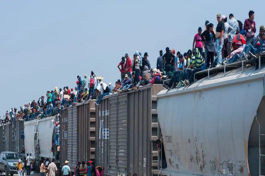 A long freight train travels in Mexico under a clear sky. Migrants are precariously riding on top of the train cars.