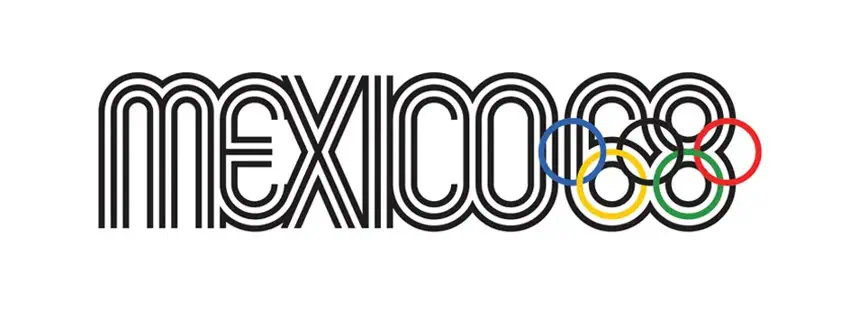 Mexico 1968 Olympics logo, a design influence cited by Mario Cortés in creating his Mexico World Cup posters for the 2026 FIFA tournament. The Olympics logo features black concentric lines forming the word 'MEXICO' and the numbers "68," with the traditional five-colored Olympic rings integrated into the design.