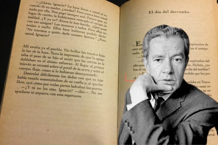 Juan Rulfo in front of a page of his book