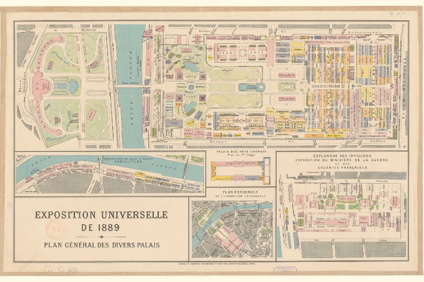 An illustrated map for the World's Fair of 1889 in Paris.
