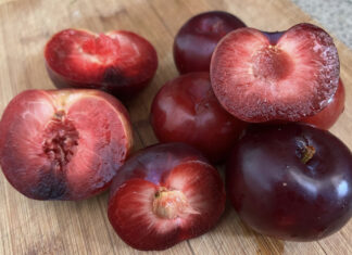 A pile of chopped and seeded plums