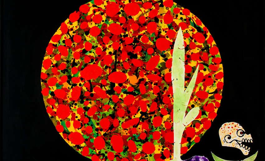 A modern Mexican painting featuring a large, textured red circle, a stylized corn stalk, and a decorative calavera skull against a black background