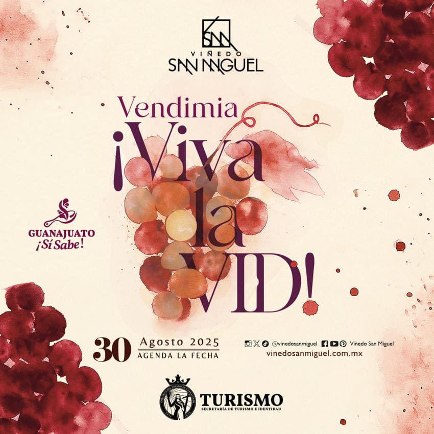 Promotional graphic for the "Vendimia ¡Viva la VID!" grape harvest festival at Viñedo San Miguel winery in Guanajuato, Mexico, scheduled for August 30, 2025. The poster features watercolor illustrations of grapes and includes the logos for Guanajuato tourism and Viñedo San Miguel.