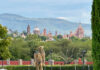 The San Miguel de Allende skyline visible behind a green park full of trees