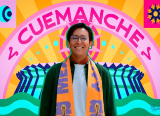 Photo of designer Mario Cortés smiling warmly, wearing glasses and an orange and purple FIFA Mexico City official scarf. The photo is set against a vibrant, stylized graphic background that features his artistic name, "CUEMANCHE," in large pink letters above a colorful sunburst design.