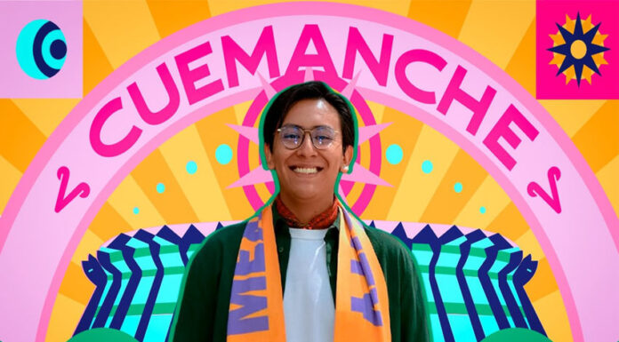 Photo of designer Mario Cortés smiling warmly, wearing glasses and an orange and purple FIFA Mexico City official scarf. The photo is set against a vibrant, stylized graphic background that features his artistic name, "CUEMANCHE," in large pink letters above a colorful sunburst design.