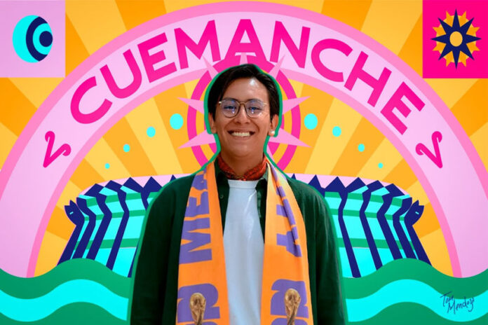 Photo of designer Mario Cortés smiling warmly, wearing glasses and an orange and purple FIFA Mexico City official scarf. The photo is set against a vibrant, stylized graphic background that features his artistic name, 