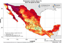 A heat map of Mexico showing temperatures over 40 C along the northern border, throughout Sonora and in parts of the Baja peninsula