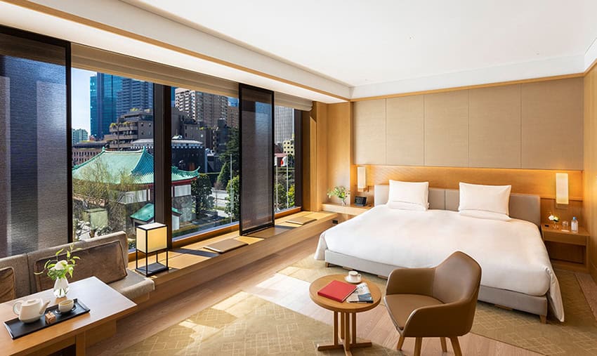 A spacious, minimalist hotel room in Tokyo