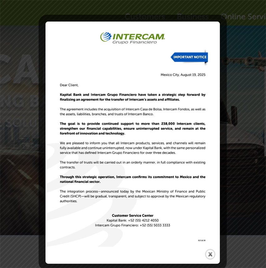 A letter from Intercam Bank alerting customers that its assets will be absorbed by Kapital Bank