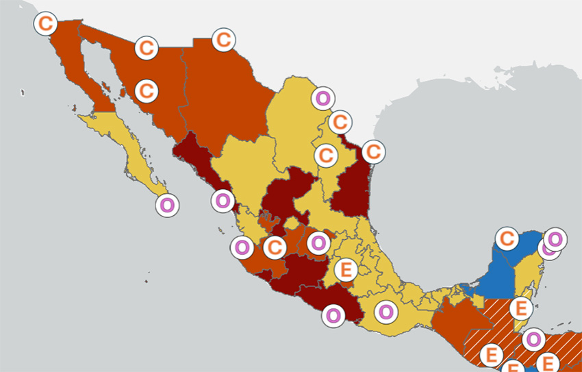 A map of Mexico with Colima, Guerrero, Michoacán, Sinaloa, Tamaulipas and Zacatecas shaded in red to indicate travel risk