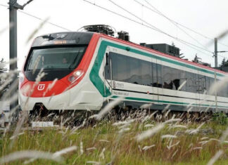 A red, white and green train speeds through a field.