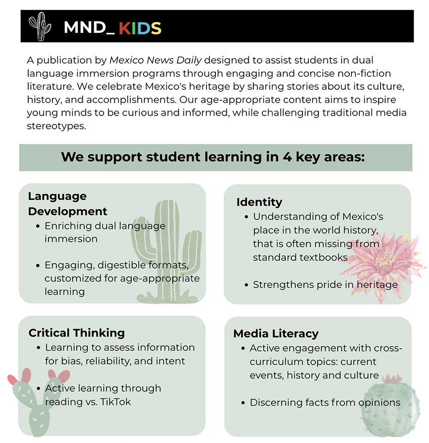 A brochure page about MND Kids, highlighting that it supports educational efforts related to language development, identity, critical thinking and media literacy