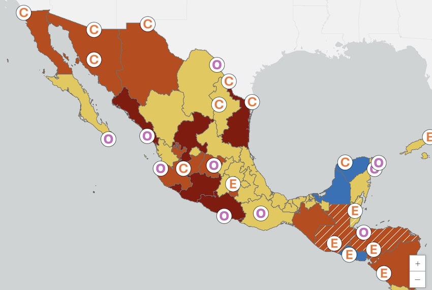 map of Mexico with U.S. travel advisories