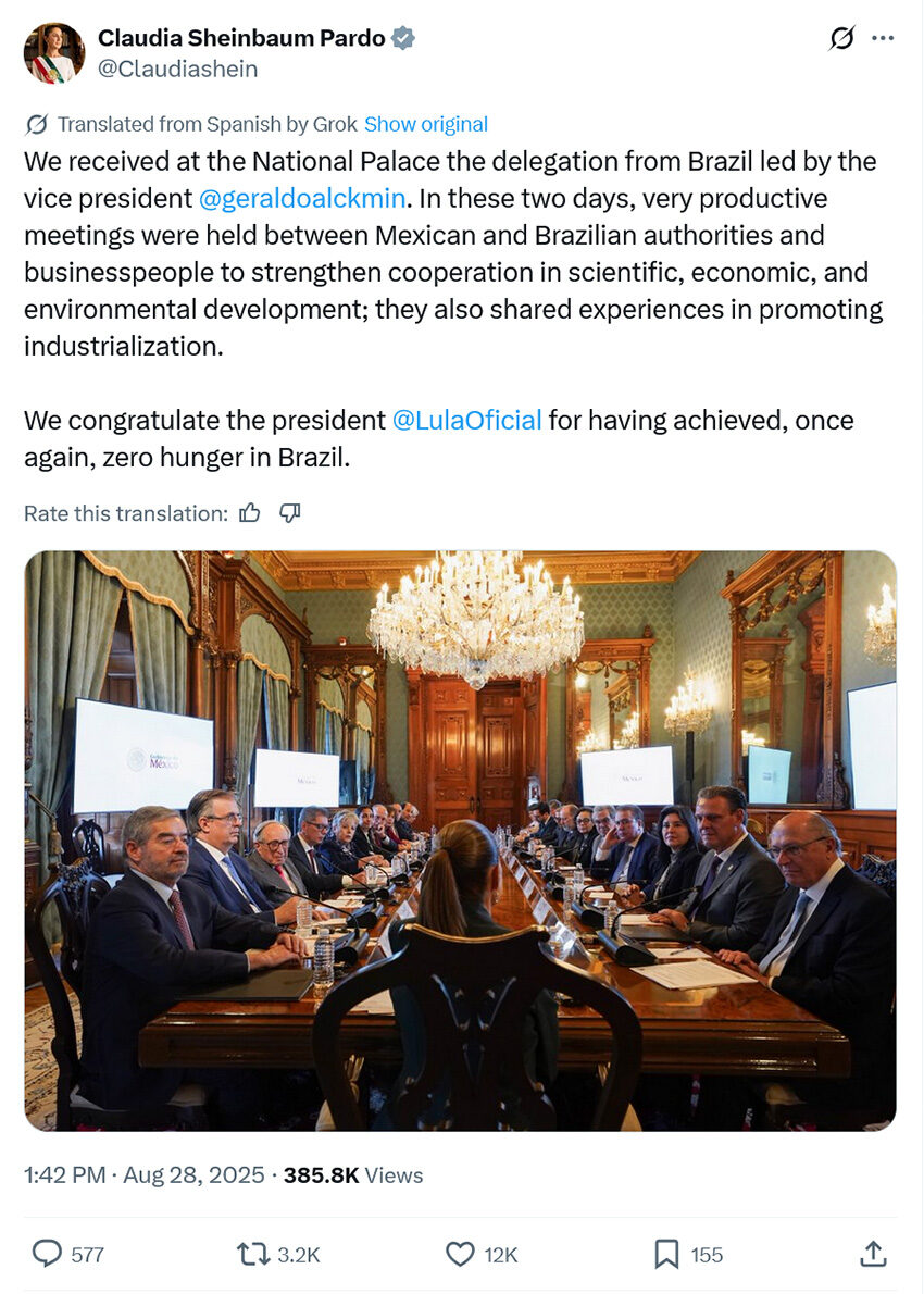 A Twitter post by Mexican President Claudia Shienbaum thanking the Brazilian trade delegation and sharing photos from her national palace meeting with them
