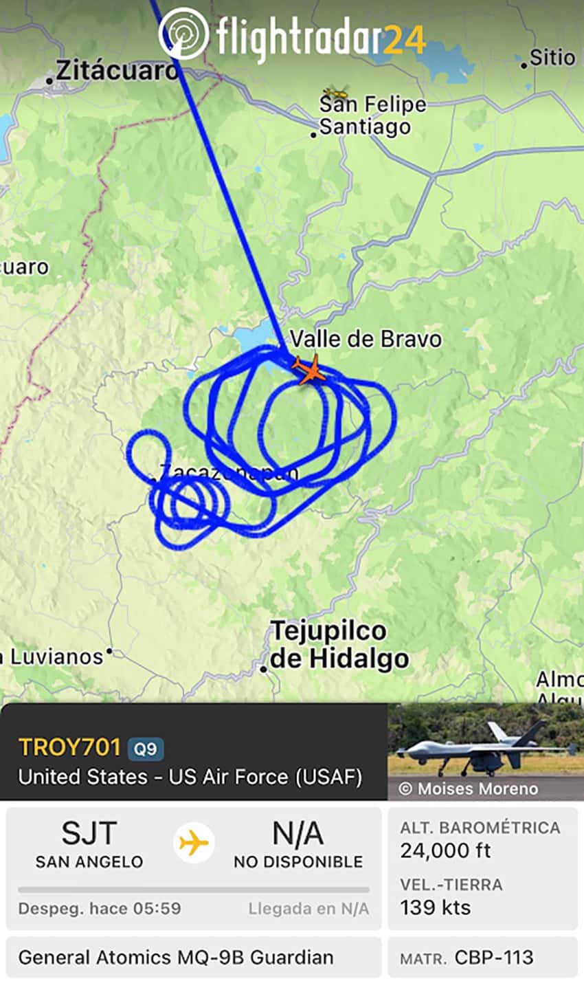 A flight map of a US drone flight over southwestern México state, a known cartel stronghold