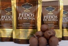 A bag of chocolates labelled 'pedos de monja' or 'nun's farts'