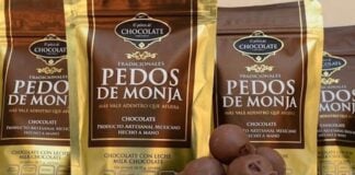 A bag of chocolates labelled 'pedos de monja' or 'nun's farts'