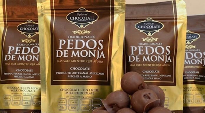 A bag of chocolates labelled 'pedos de monja' or 'nun's farts'