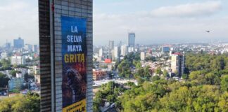 Greenpeace banner hanging from Estela de Luz that says "La Selva Maya Grita!"