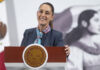 President Sheinbaum at the podium of her morning press conference