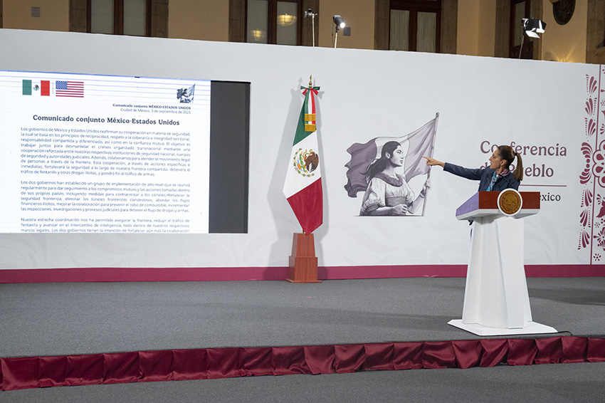 Sheinbum points at a letter announcing a bilateral US-Mexico security program