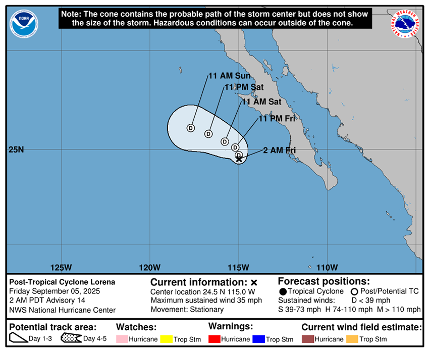 A NOAA map showing the predicted path of post-tropical cyclone Lorena
