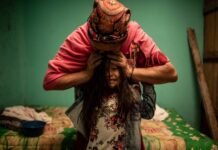 An elderly woman and a young child