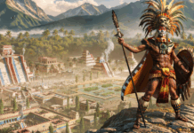 The Tlatloani standing on a cliff above Tenochtitlán