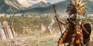 The Tlatloani standing on a cliff above Tenochtitlán