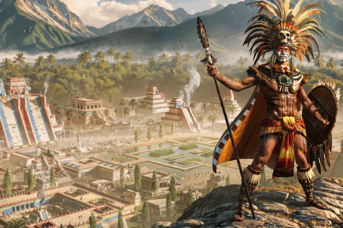 The Tlatloani standing on a cliff above Tenochtitlán