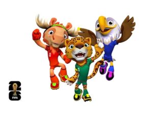 FIFA mascots Maple the Moose, Zayu the Jaguar and Clutch the Bald Eagle