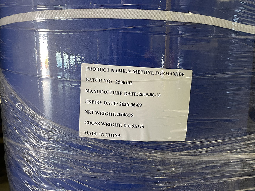 A chemical barrel label reading N-methyl formamide