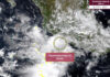 A map of mexico showing clouds off the southwest coast and a circle indicating the location of Tropical Storm Mario