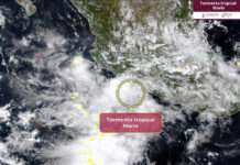 A map of mexico showing clouds off the southwest coast and a circle indicating the location of Tropical Storm Mario