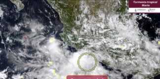 A map of mexico showing clouds off the southwest coast and a circle indicating the location of Tropical Storm Mario