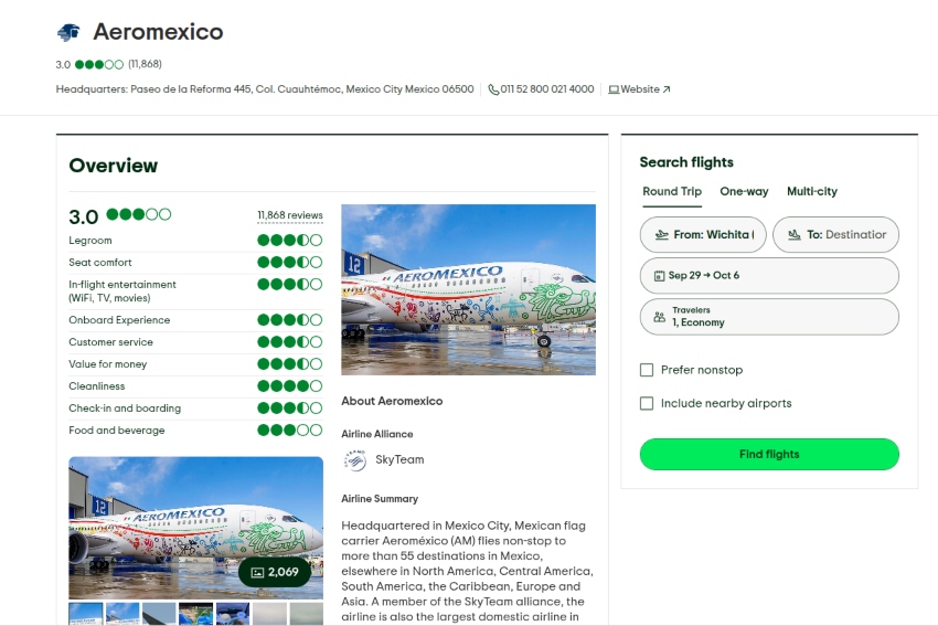 TripAdvisor rating page for Aeromexico