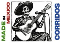 A calavera skeleton playing a guitar
