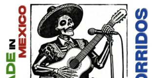 A calavera skeleton playing a guitar